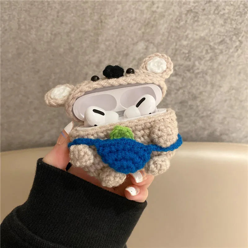 Handmade knitted AirPods protective case with koala bear backpack design for wireless earbuds