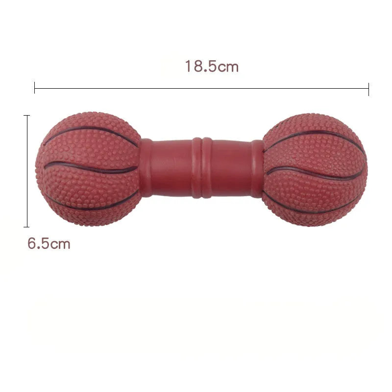 Football dumbbell shaped dog squeaky chew toy in PVC material showing brown, orange, white and yellow colour options