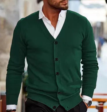 Men's slim fit acrylic cardigan sweater coat in various colours on a size chart background.