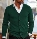 Men's slim fit acrylic cardigan sweater coat in various colours on a size chart background.