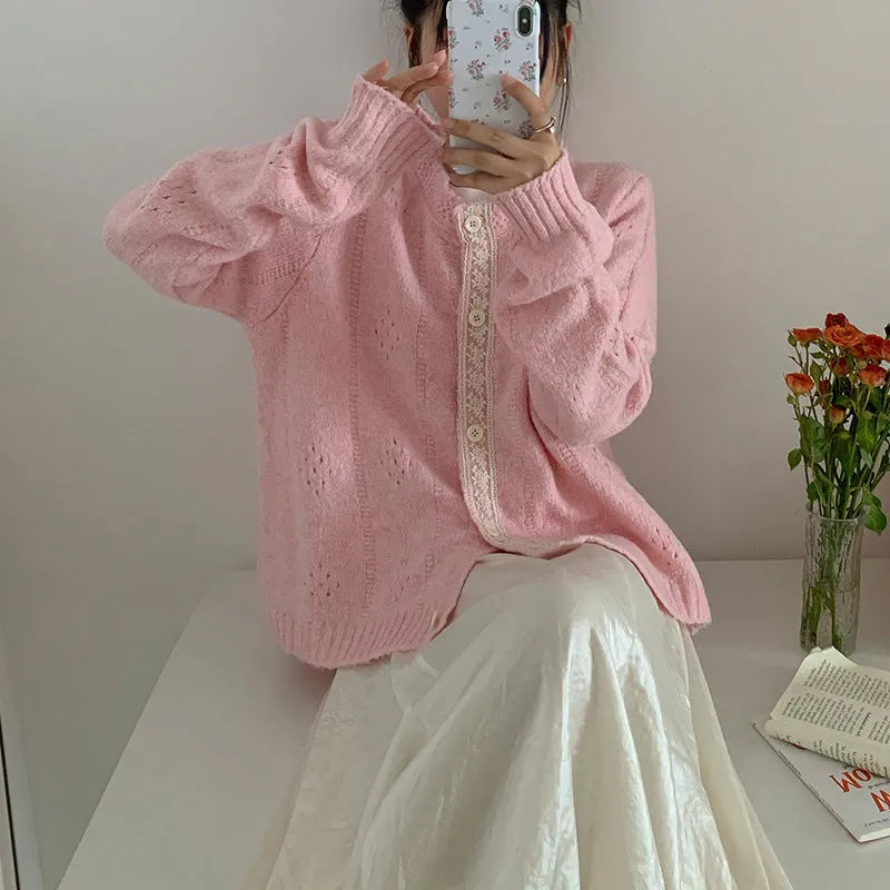 Loose retro-style Korean knitwear cardigan coat in apricot colour