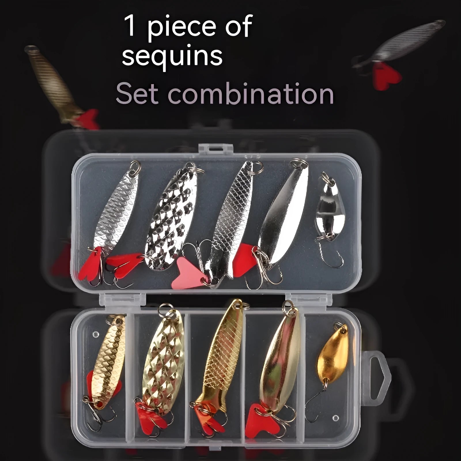 Pineapple-shaped iron fishing lure covered in gold and silver metal sequins.