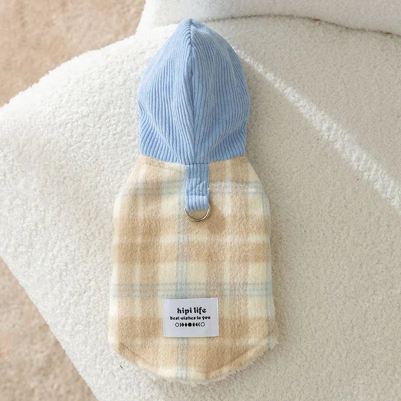 Blue corduroy chessboard grid hooded vest for dog on autumn background