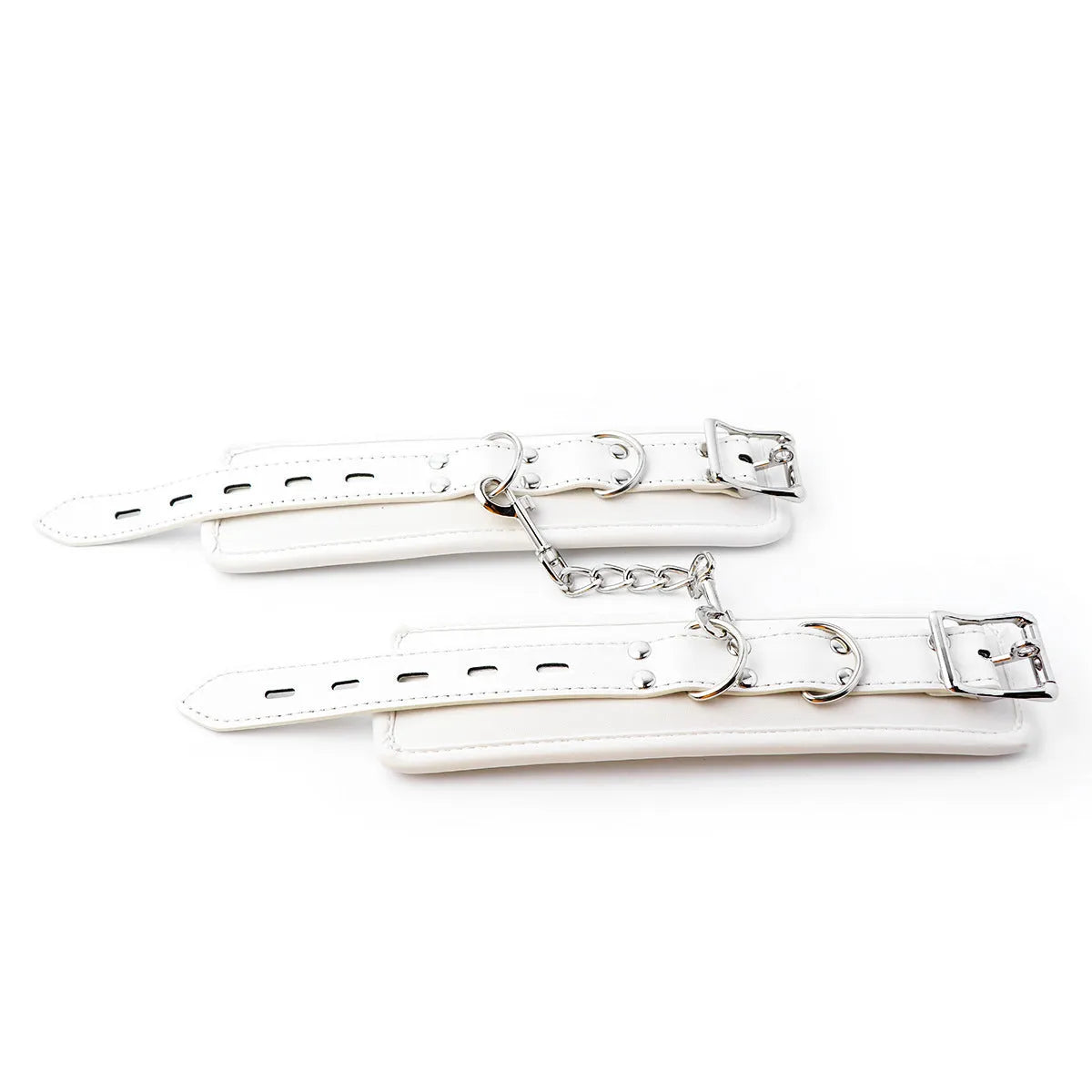 White PU sponge bondage restraint set showing handcuffs, foot cuffs and neck scarf for adjustable adult play
