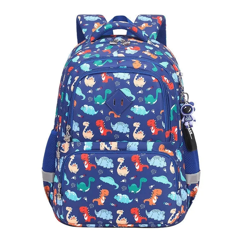 Blue children's school backpack with dinosaur print, showing curved straps and modern design.