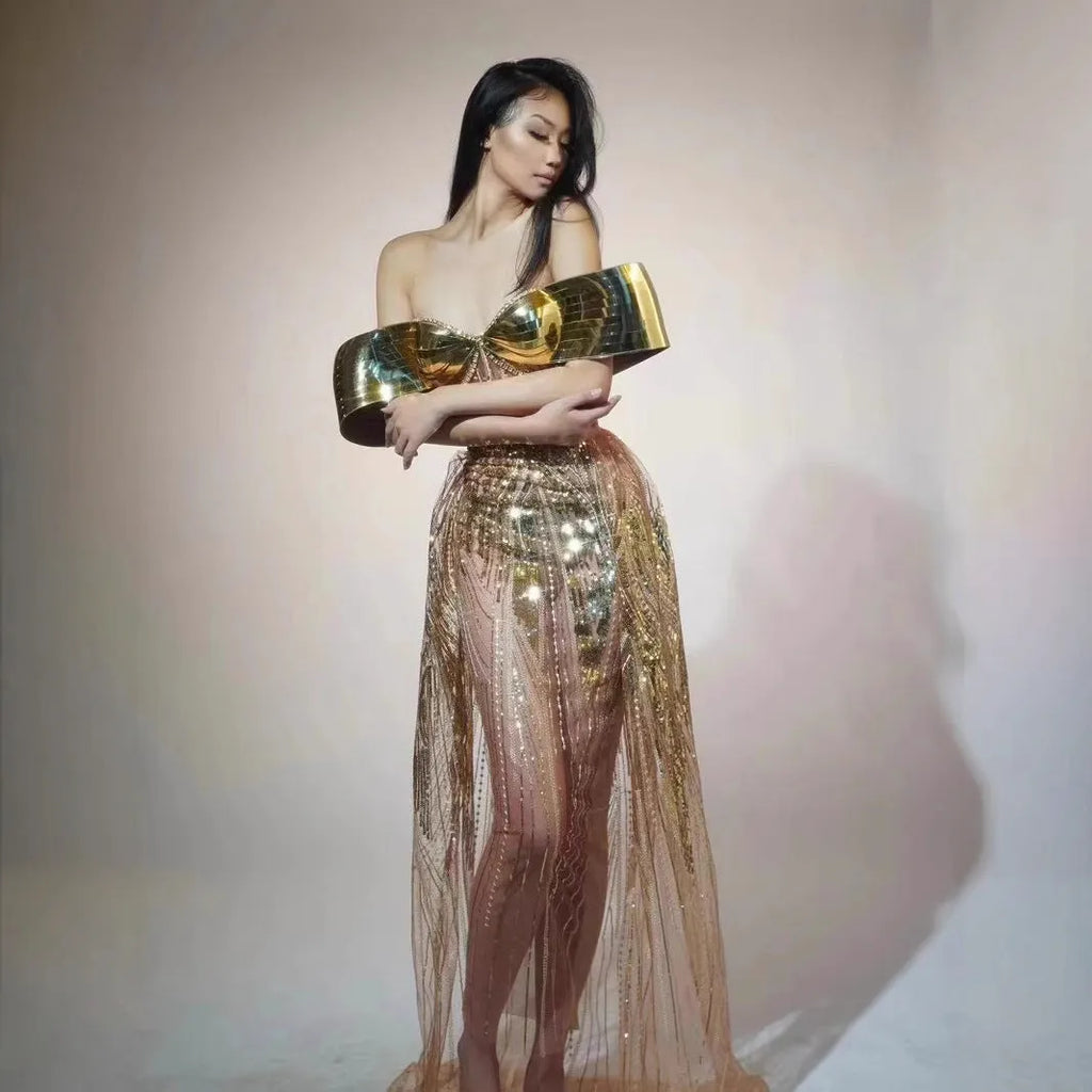 Gold strapless sequin long dress with tulle skirt and side slit for women