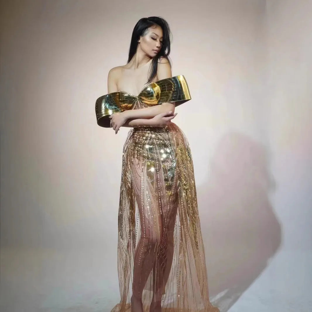 Gold strapless sequin long dress with tulle skirt and side slit for women