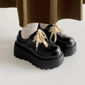 Matte black women's lace-up shoes with a chunky 6-8cm heel and round toe.