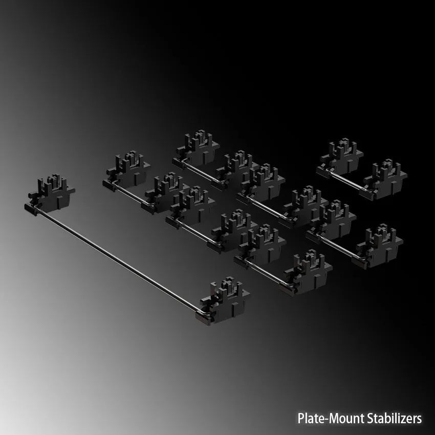 Keyboard stabiliser accessories in black and milky white colours with 6.25U and 7U size options