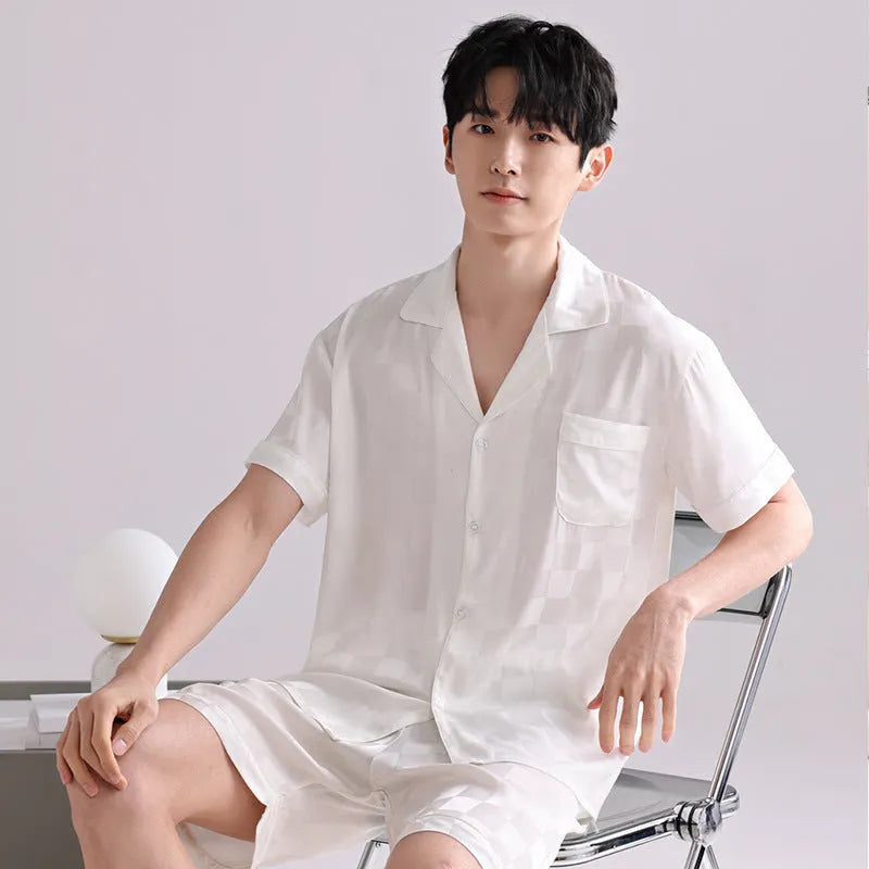 Men's ice silk pajama cardigan set with shorts in lightweight artificial silk fabric with satin jacquard plaid pattern