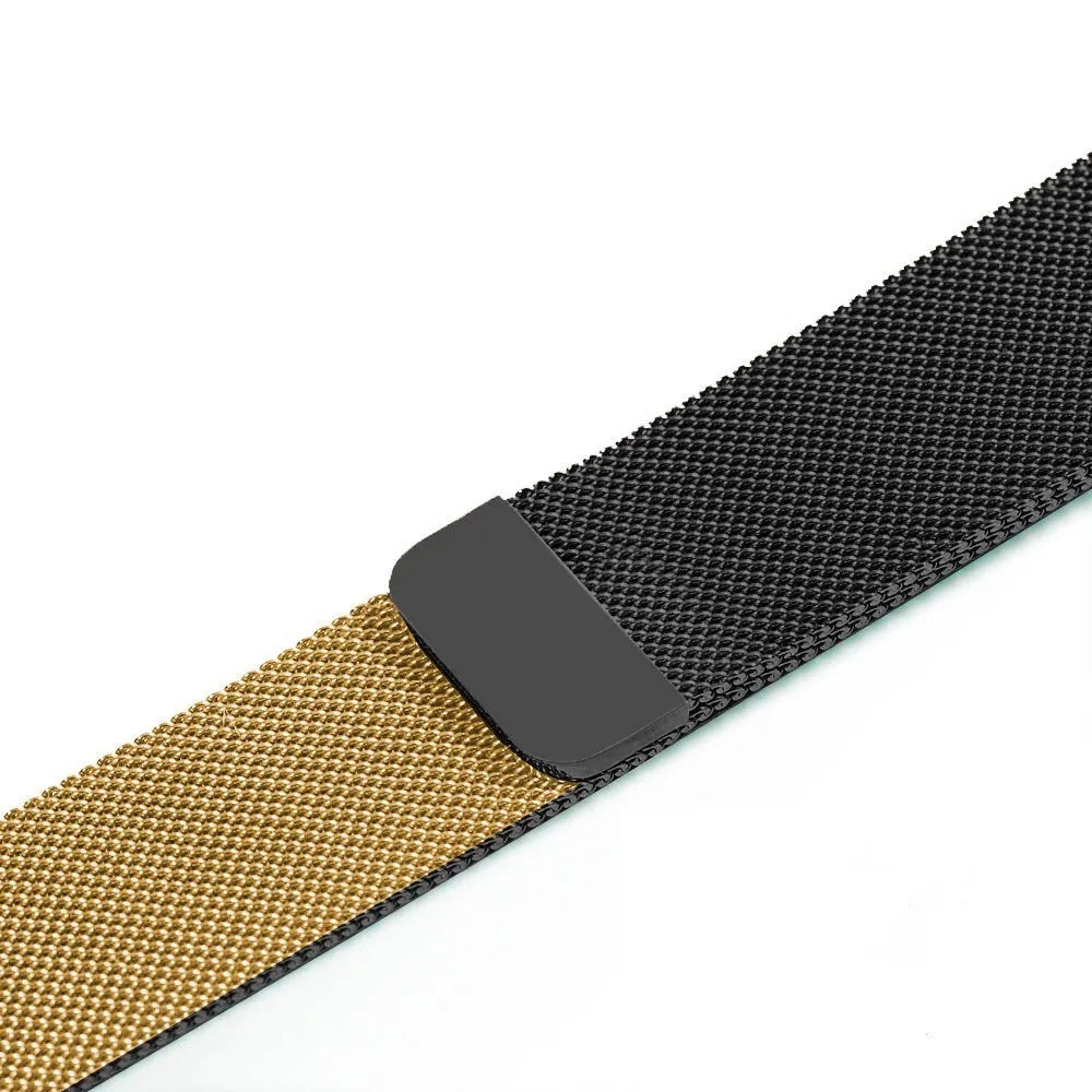 Stainless steel metal watch strap replacement band in silver, black, gold, and rose gold colours.