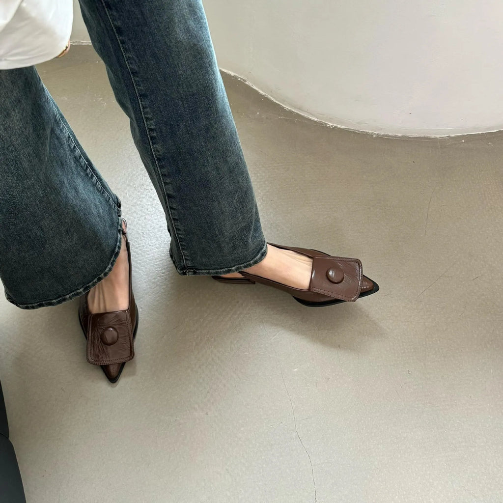 Women's low heel pointed toe sandals with back strap in apricot, black, brown, and silver colours.