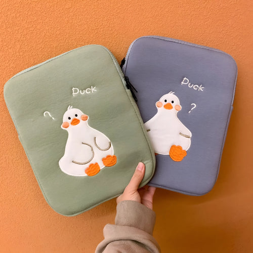 Blue tablet case with cartoon duck embroidery design and zipper closure