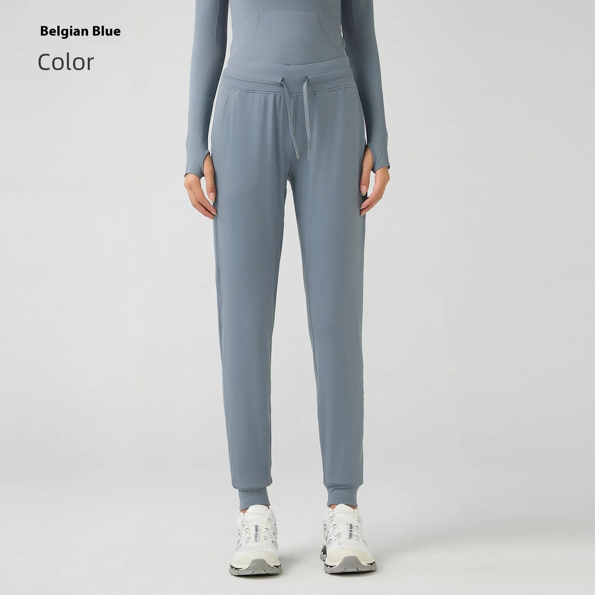 Women's high waist yoga pants with drawstring waistband in Belgian Blue colour