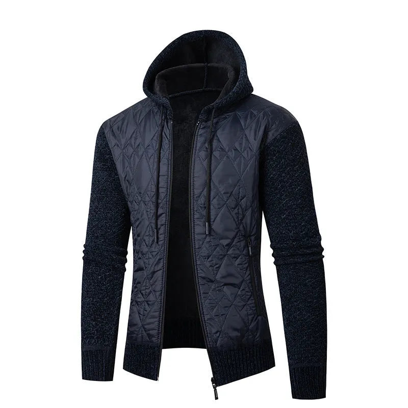 Men's grey hooded corduroy sweater coat with cinched waist and wool composition