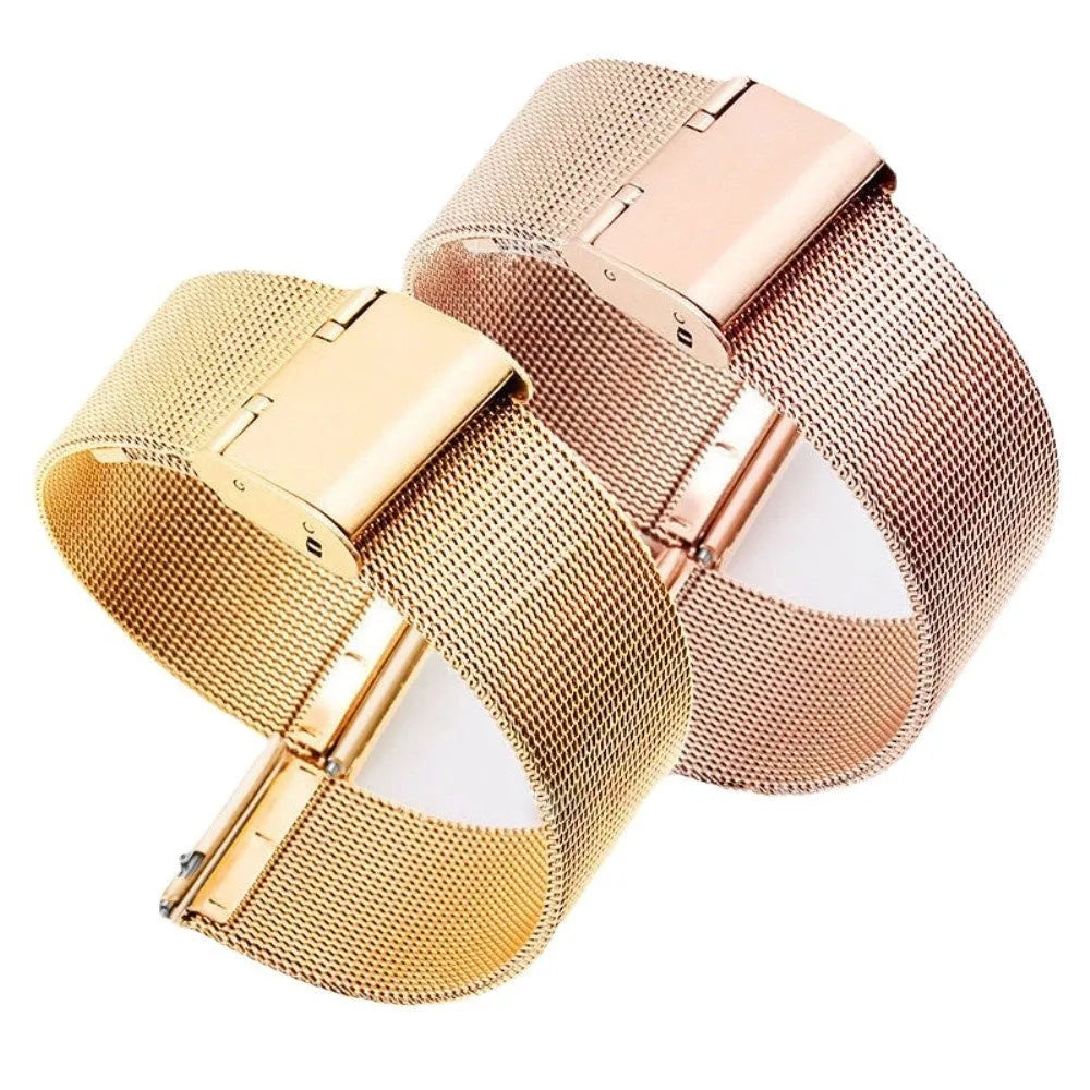 Milani silk woven stainless steel watch band in silver, showing linked metal weave.