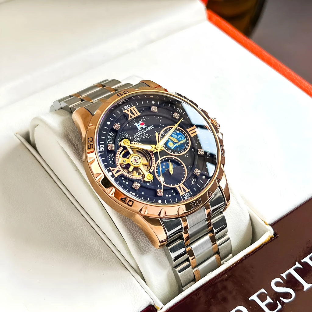 Men's automatic mechanical chronograph watch with rose gold case, black dial, and stainless steel bracelet