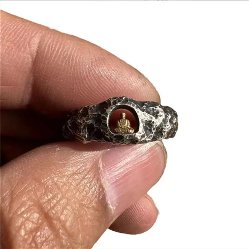 Grotto Buddha hand-forged copper ring with rock texture finish in size No 8
