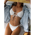 Women's solid colour drawstring bikini swimsuit in quick-drying nylon fabric