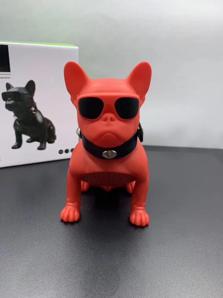 Mini bulldog-shaped Bluetooth speaker in black, red, or white colour with wireless audio functionality