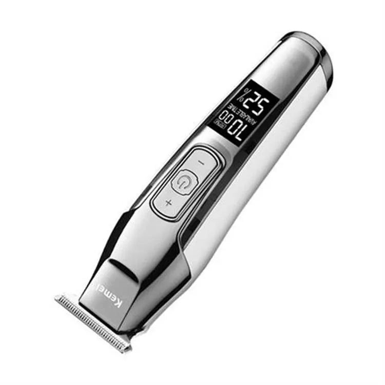 Barber scissors with LCD display and stainless steel engraving tool head on rechargeable base