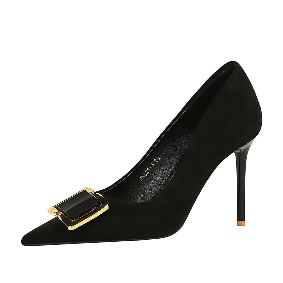 Black suede women's stiletto heels with 9cm heel and shallow open-toe design