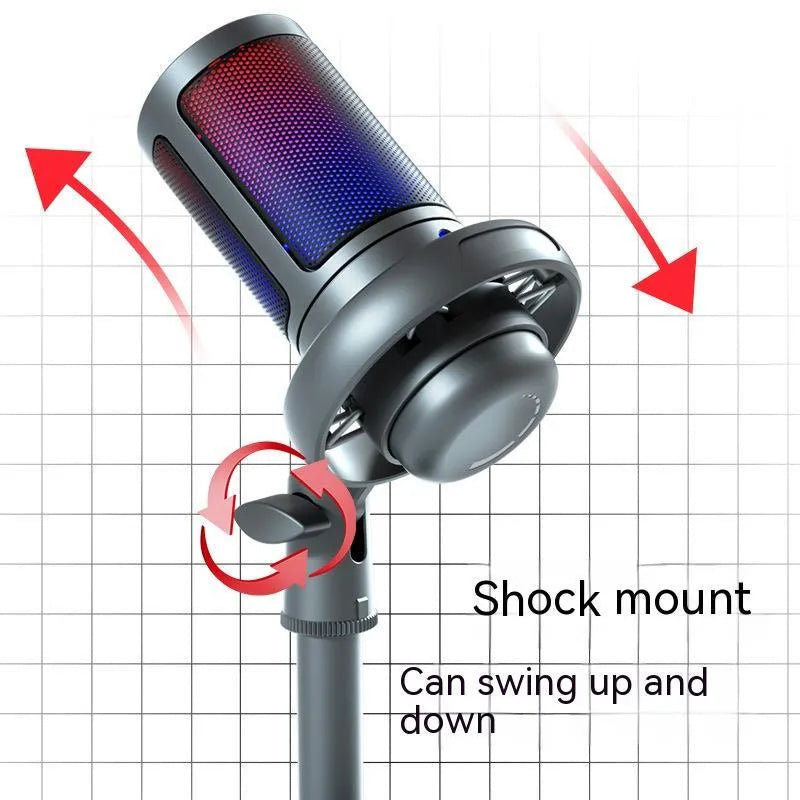 USB condenser microphone with RGB lighting in black, white or pink colours for live broadcast streaming