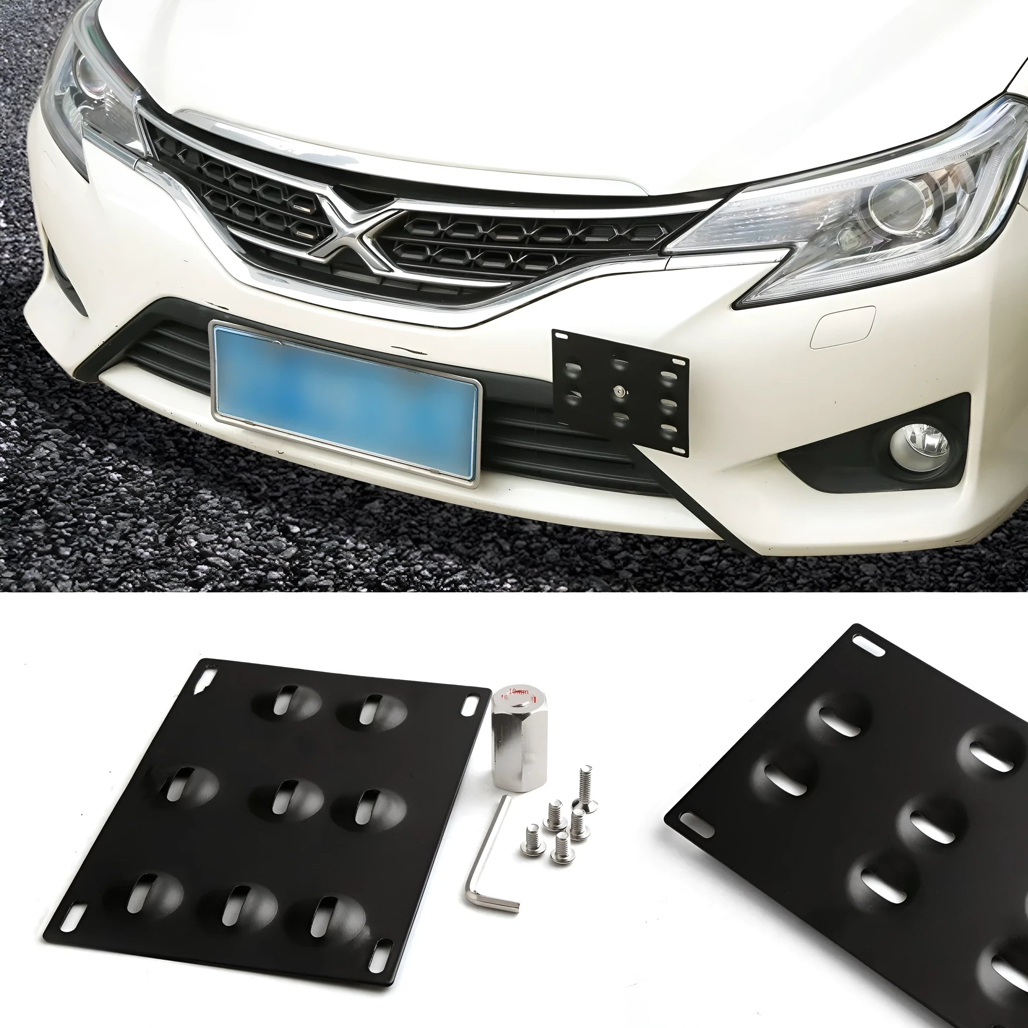 Black metal licence plate frame with trailer hook mount for car modification