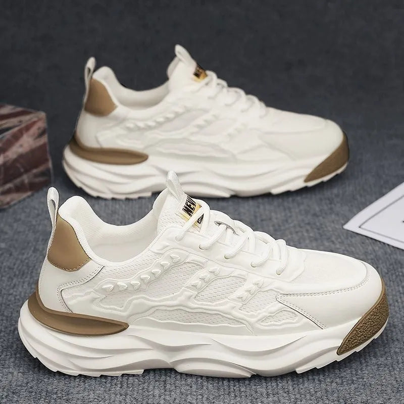 Men's white and black breathable mesh sports shoes with round-toe design and PU upper