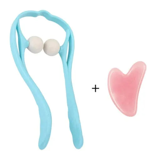 Plastic hand roller neck massager with adjustable stand and removable head in pink, blue, or green colours.
