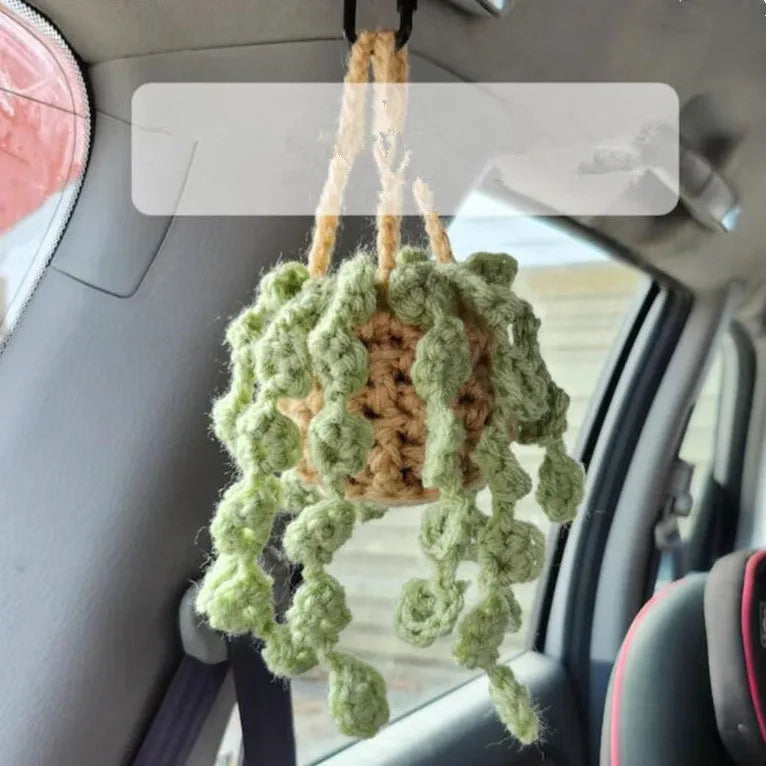 Green and white crochet car plant ornament with 25cm white hanging rope on 8cm basin base