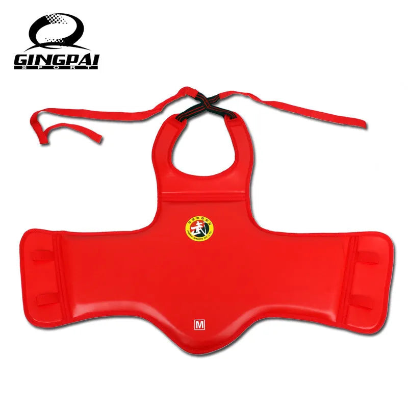 Red boxing helmet with integrated chest protector training gear shown from front