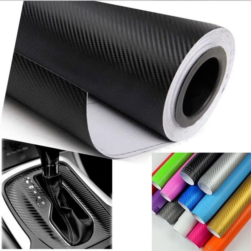 Roll of 3D carbon fibre patterned car sticker in one of eight colours, showing textured black and silver weave design