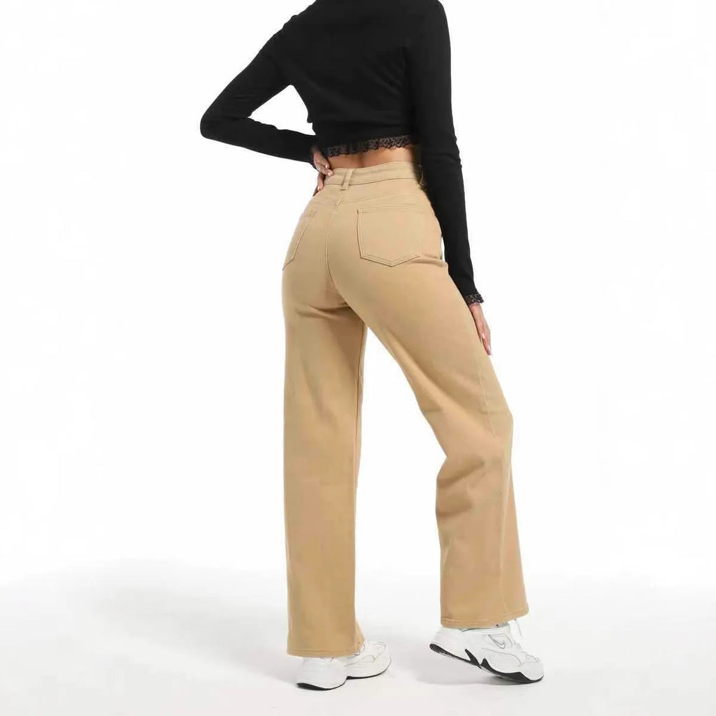 Women's high-waisted apricot wide-leg straight jeans made from elasticated cotton.
