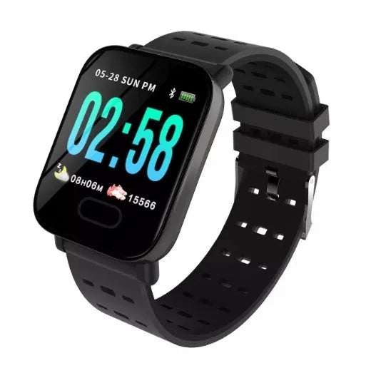 A6 smart bracelet with colour screen on wrist showing fitness data, silicone strap in choice of colours