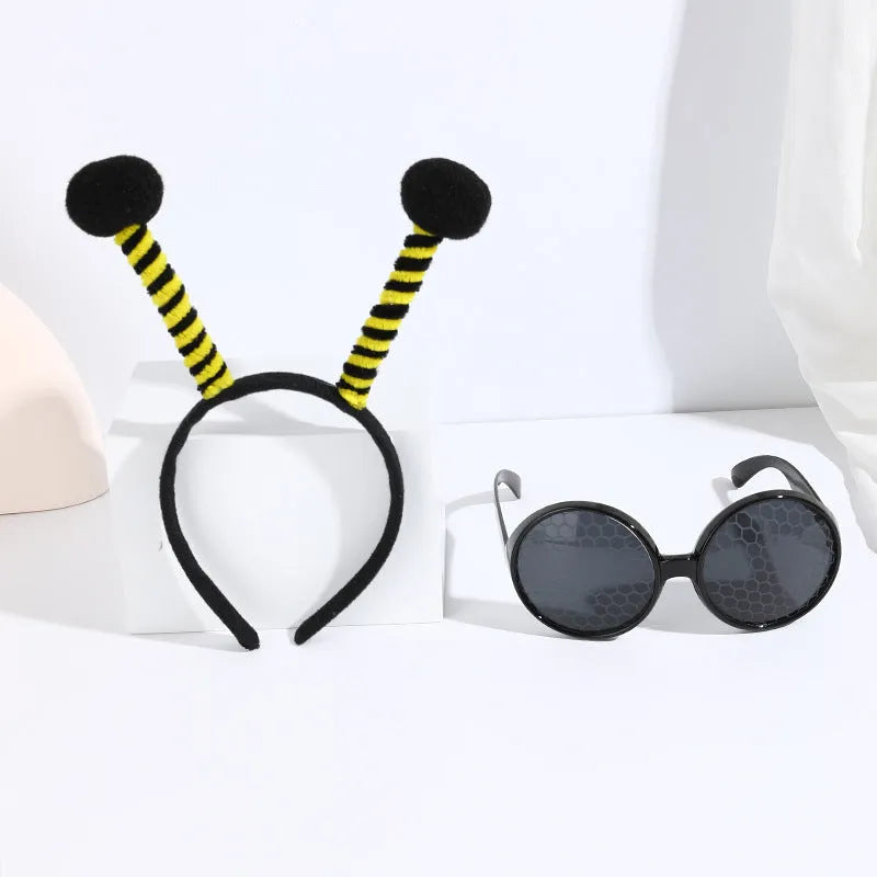 Yellow bee costume headband and glasses set with black stripes for children's dress up and parties