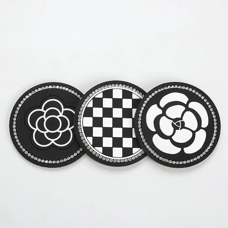 PVC non-slip car cup holder coaster mat in a black and white checkerboard pattern
