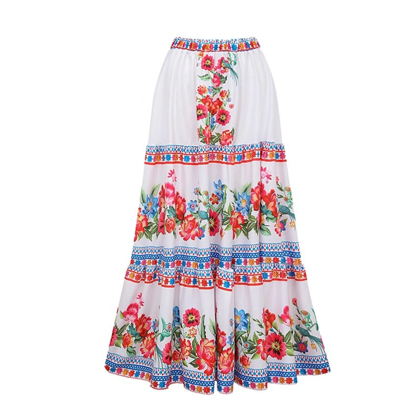 Women's one-piece polyester swimsuit in printed rose pink or blue with optional skirt design