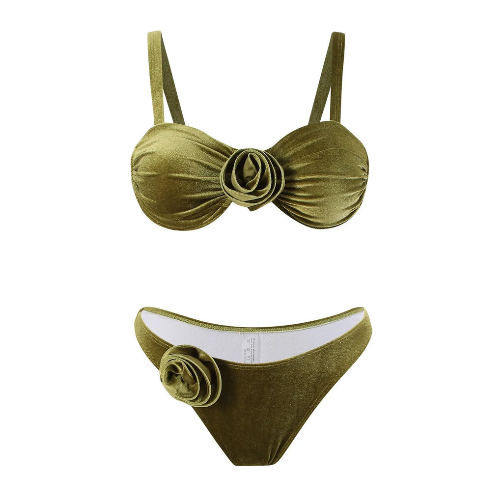 Women's A371 Green 3D flower swimsuit with high elasticity briefs style for swimming and fitness.