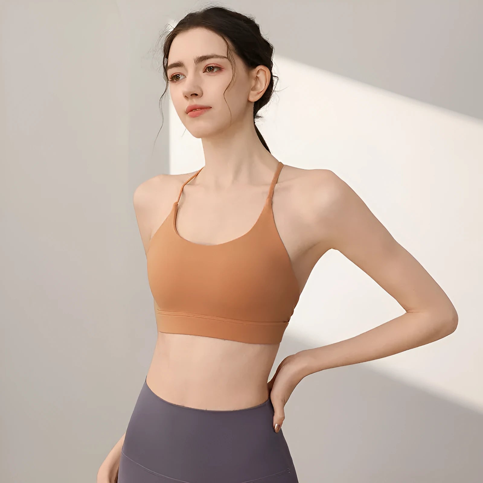 Women's nylon sports vest with fixed double-shoulder straps in black, white, green tea green, Starship pink and sunshine desert colours for running and yoga