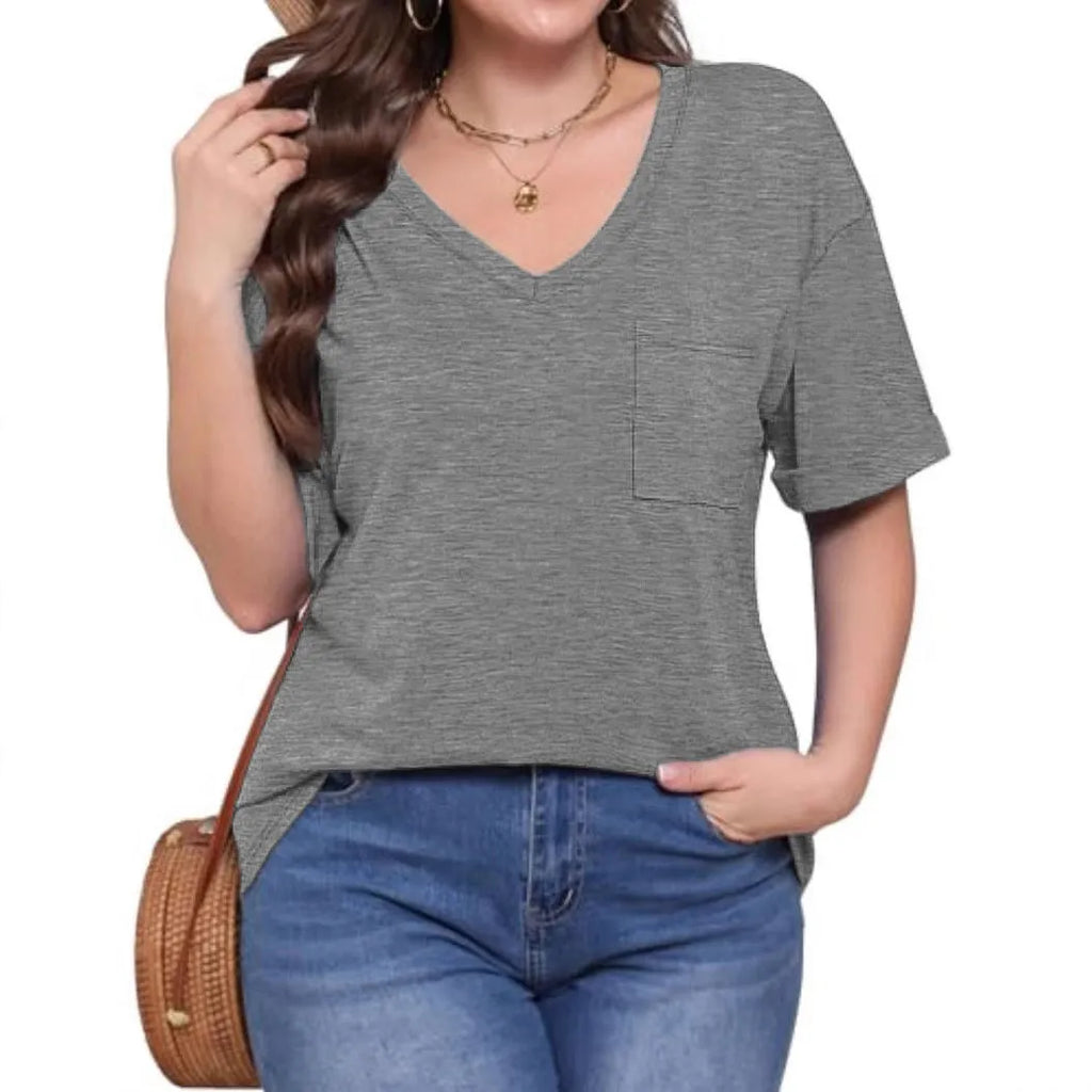 Grey loose fit V-neck T-shirt with chest pocket on mannequin showing front view