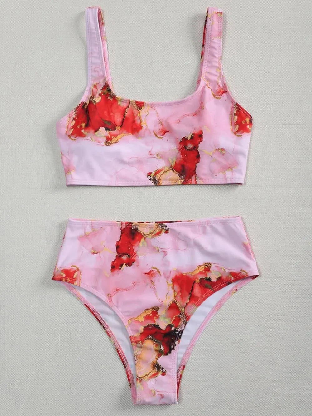 Women's marble tie-dye bikini set with U-neck top and high-waist briefs in blue colour variation