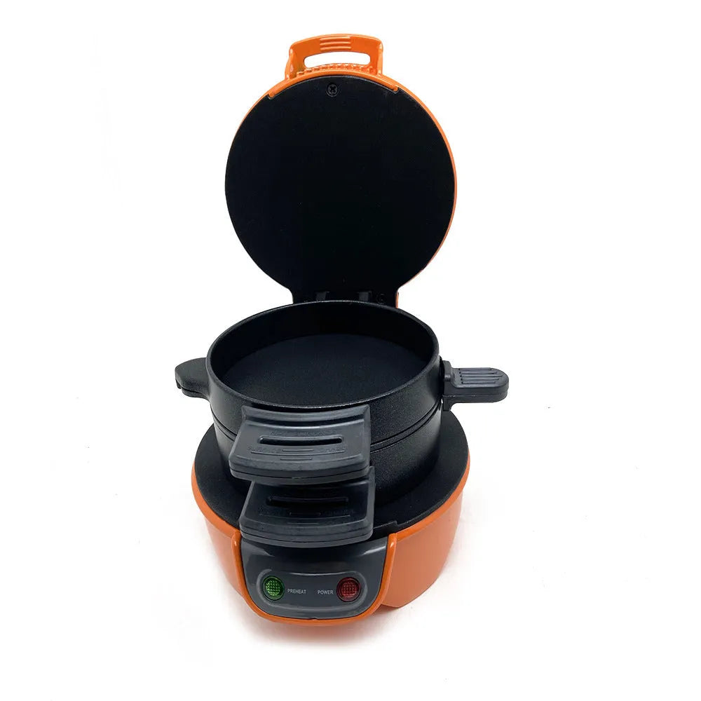Silver grey household breakfast machine sandwich toaster with waffle plates and egg cooker ring on a kitchen counter.
