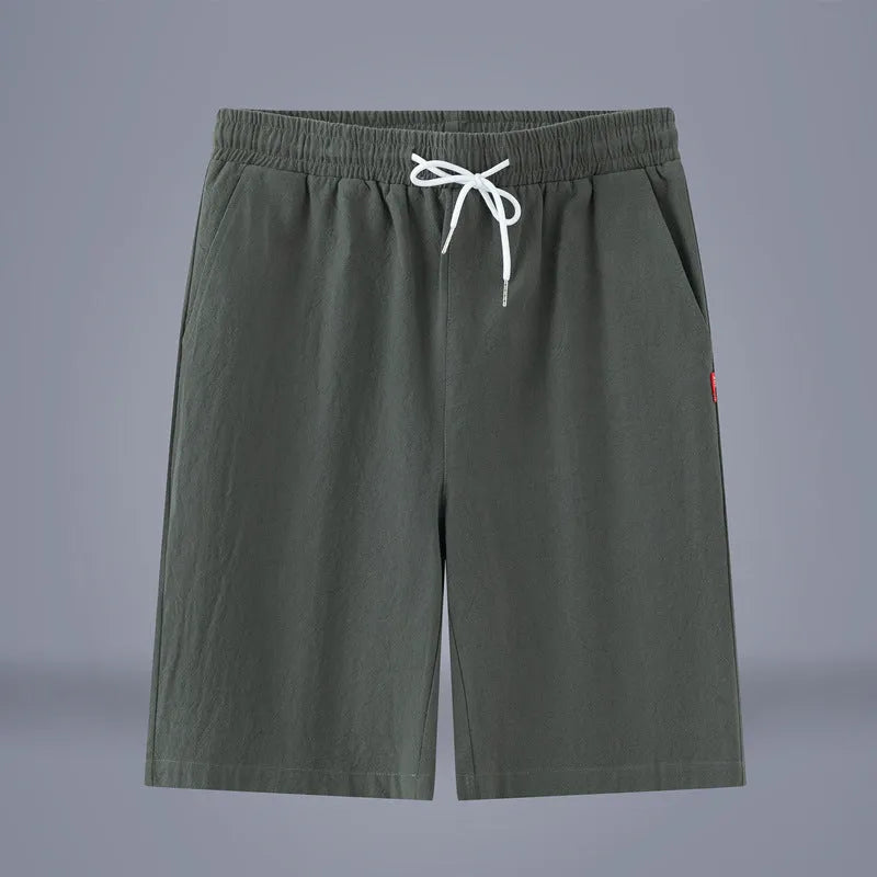 Cotton and linen cropped pants in army green with drawstring waist closure