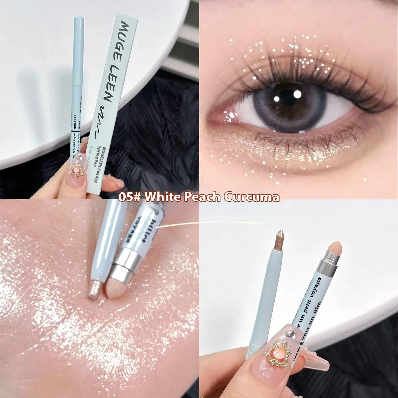 Waterproof 2-in-1 eyeliner and eyeshadow pen in assorted colours on a white background