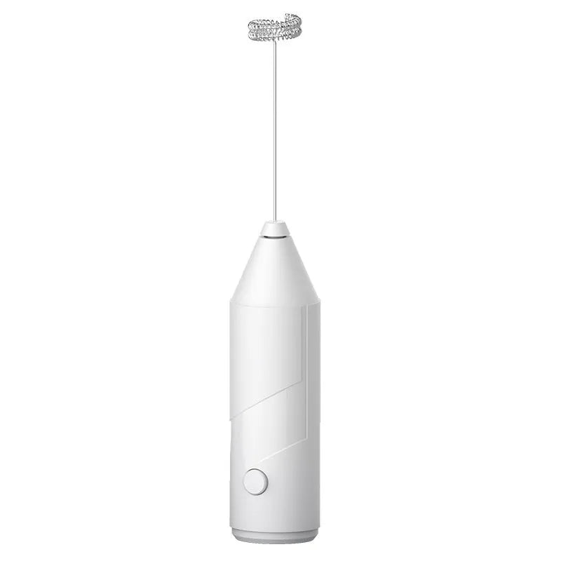 Mini handheld electric milk frother in black, white, or khaki colour with stainless steel whisk and USB port.