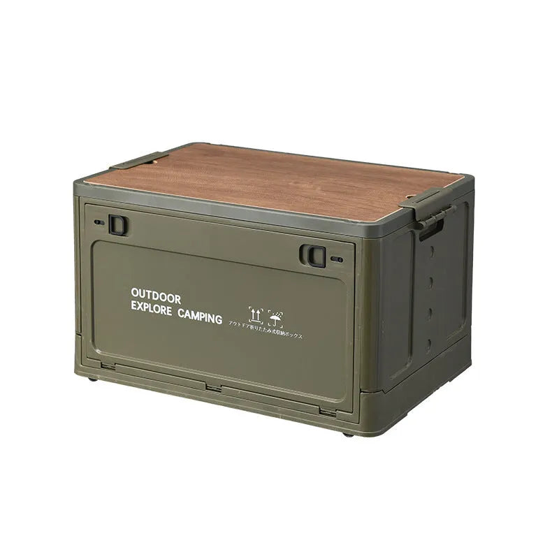 Large foldable plastic storage box in Nordic green colour with wooden lid