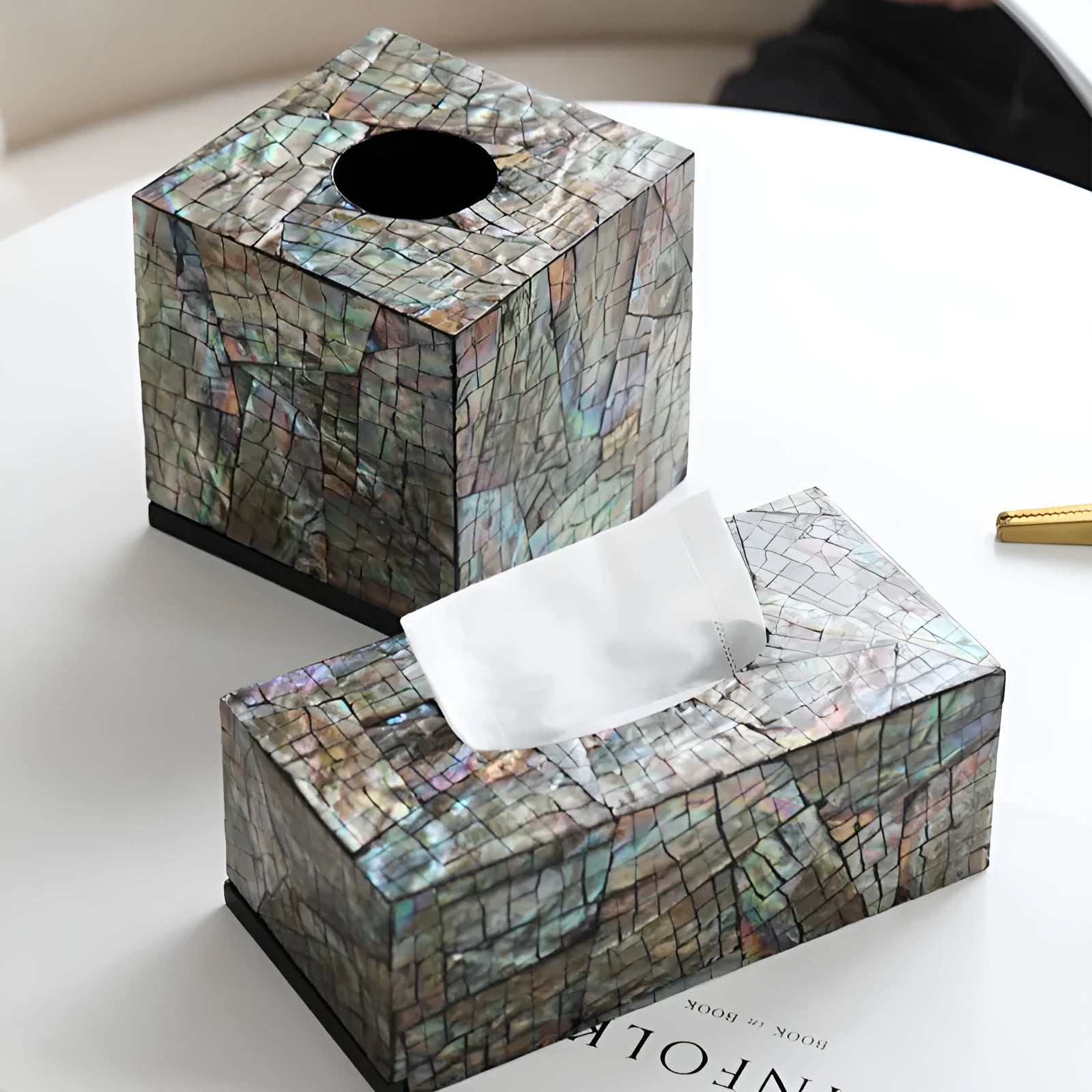Natural shell rectangular and square storage box for tissue box organisation on a coffee table.