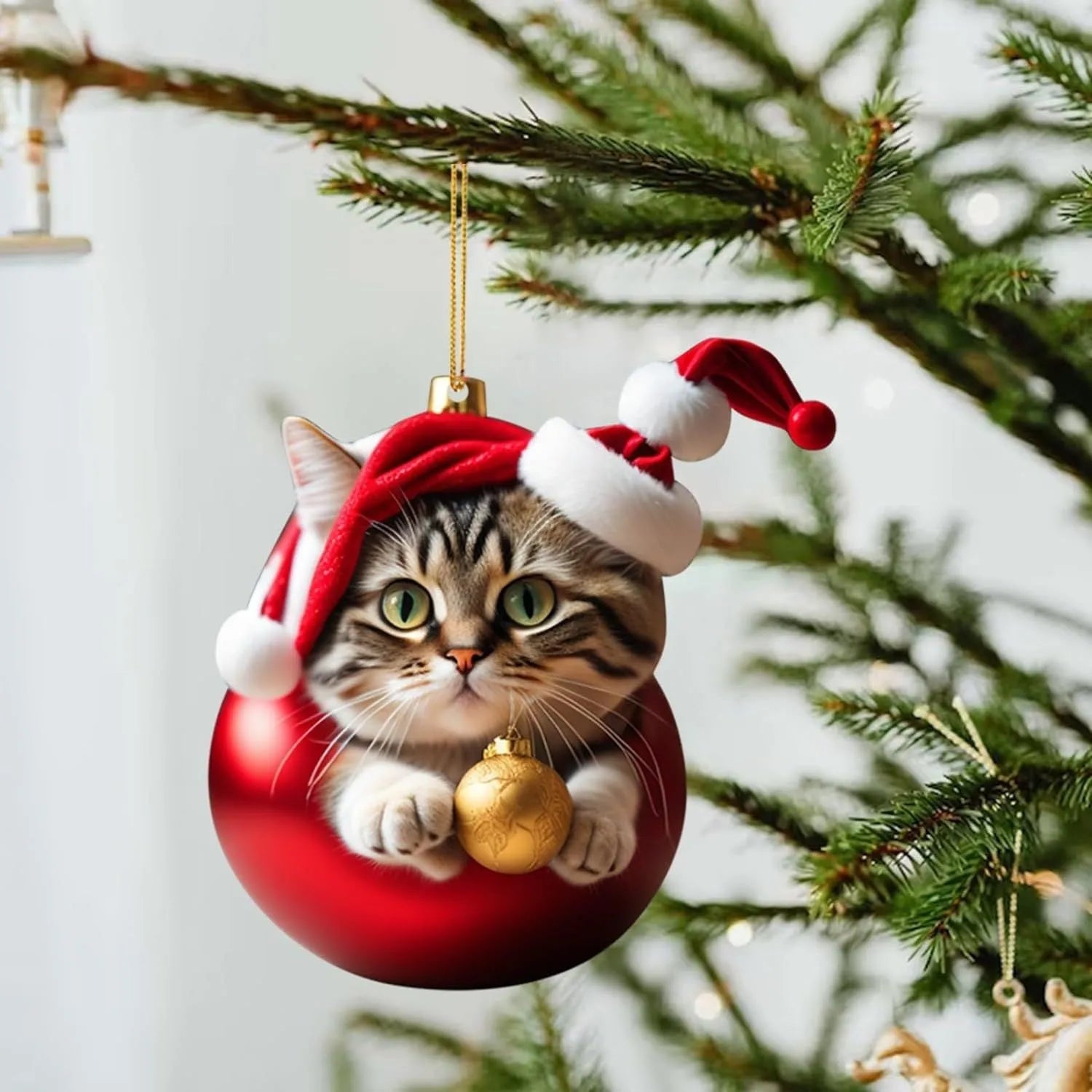 Christmas-themed cartoon cat car hanging ornament made of clear acrylic, shown in one of ten colour variants.