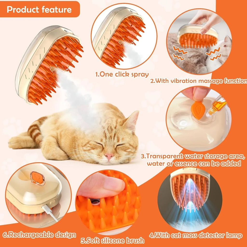 Yellow 4-in-1 cat steam brush with water tank, silicone bristles, and UV detection lamp.